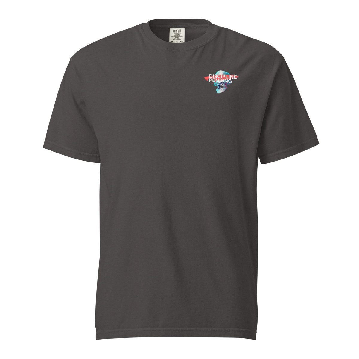 Graphite T-shirt with a small blue skull graphic with red bar, front view.