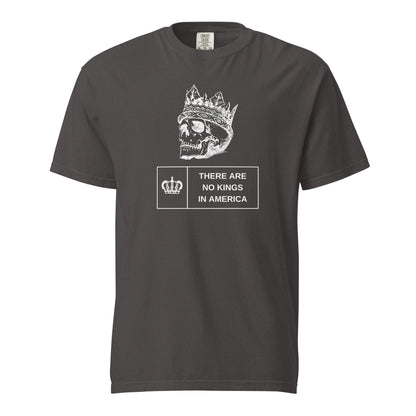 Graphite T-shirt, front view, with a white crowned skull above 'There Are No Kings In America' text.