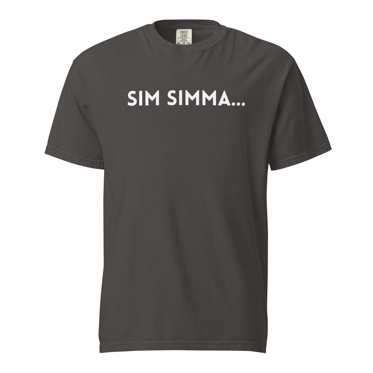 Graphite T-shirt, front view with white "SIM SIMMA..." lettering.