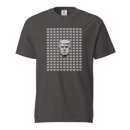 Graphite T-shirt, front view with a grayscale Trump portrait surrounded by repeated ME text.