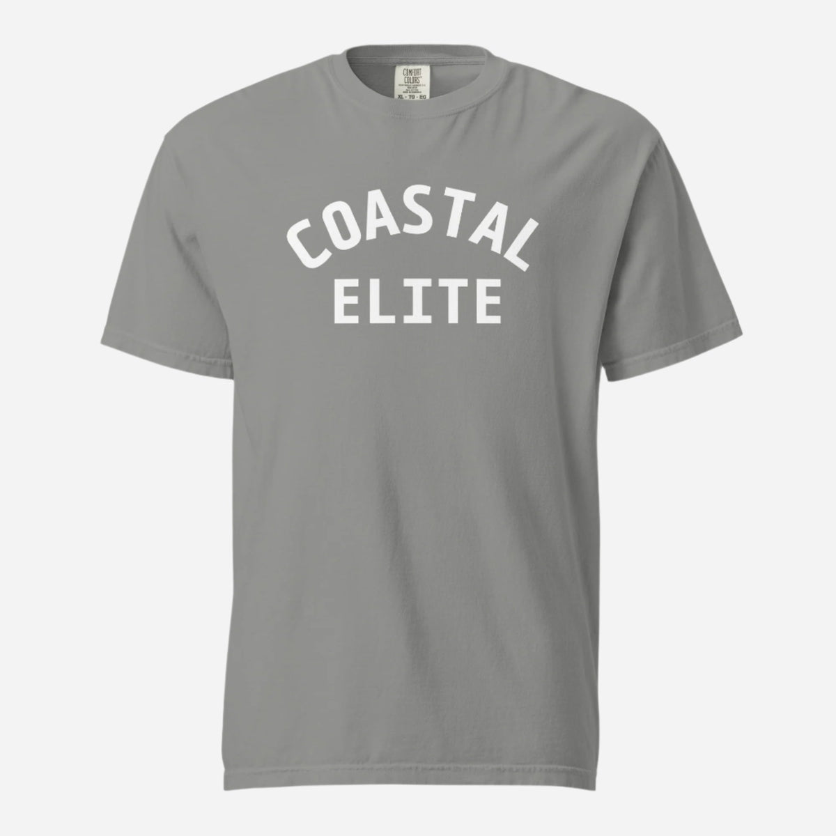 Grey T-shirt, front view with white arched "Coastal Elite" lettering.
