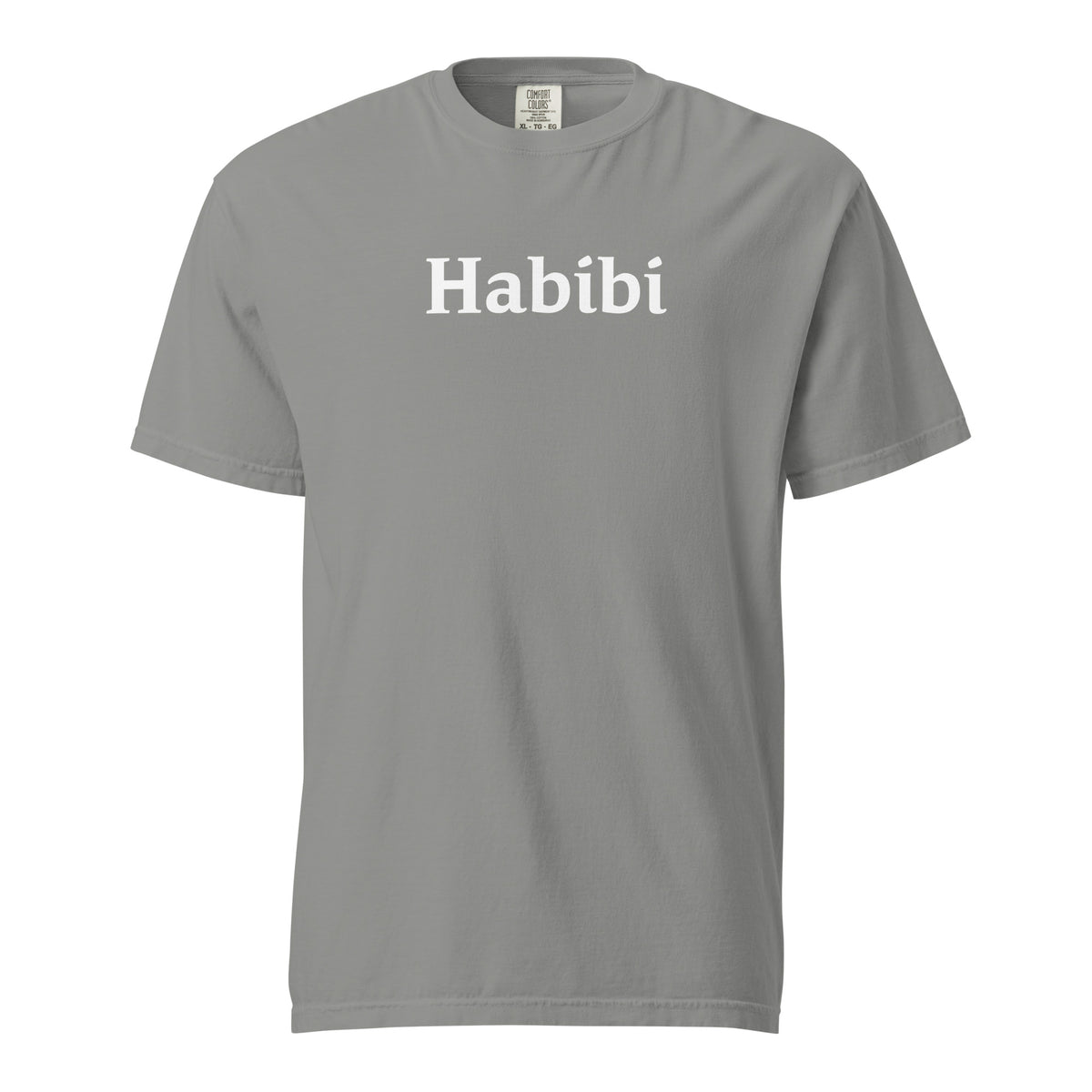 Grey T-shirt, front view with white "Habibi" lettering.