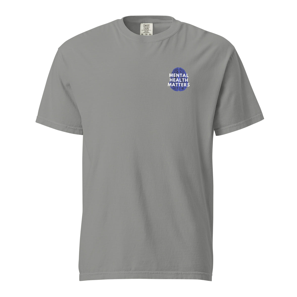 Grey T-shirt, front view with a small blue-and-white "Mental Health Matters" chest design.