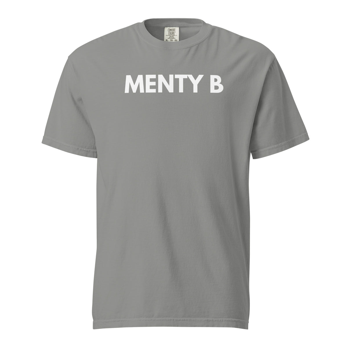 Grey T-shirt, front view with white "MENTY B" lettering.
