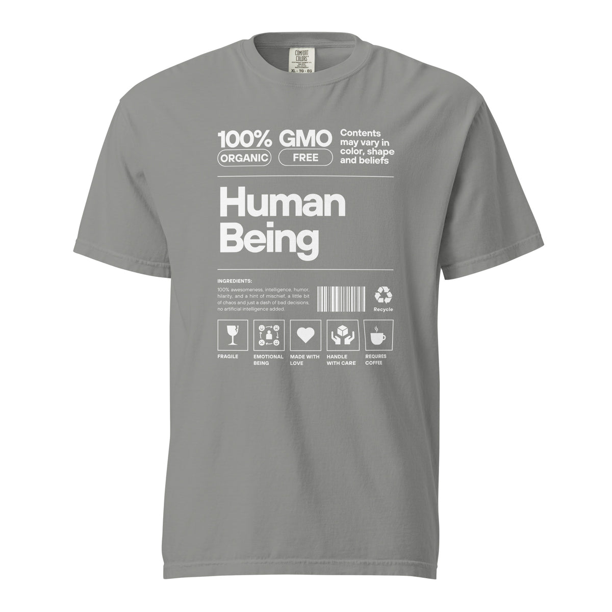 Grey T-shirt, front view, with a white label-style 'Human Being' design with small icons.