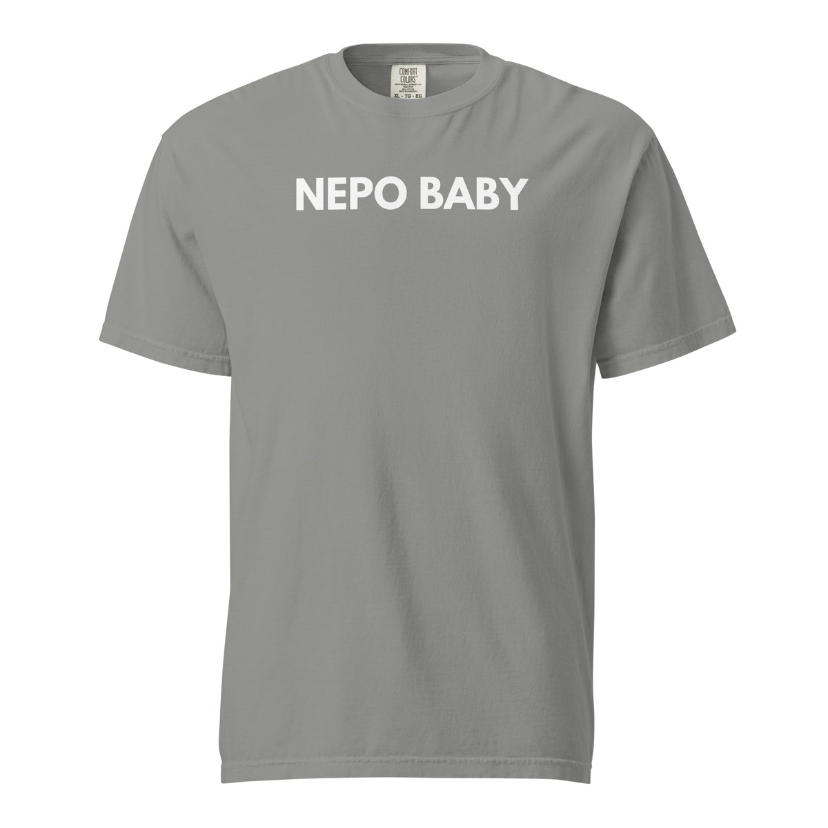 Grey T-shirt, front view, with white 'NEPO BABY' lettering.