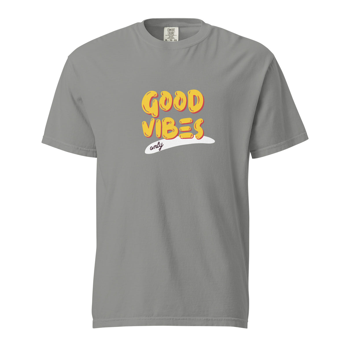 Grey T-shirt, front view with yellow "Good Vibes" lettering and a white underline.