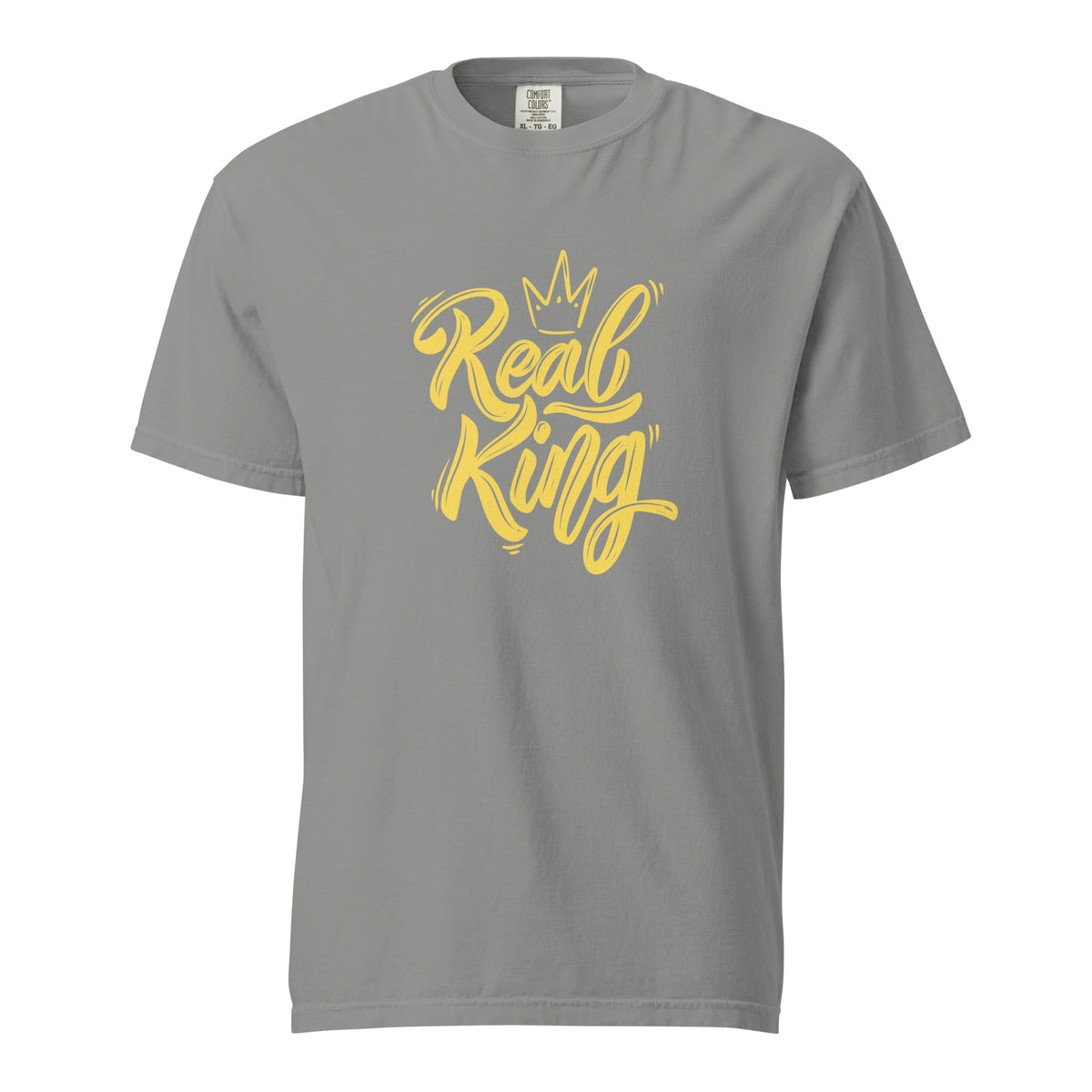 Grey T-shirt with yellow Real King script and crown, front view.