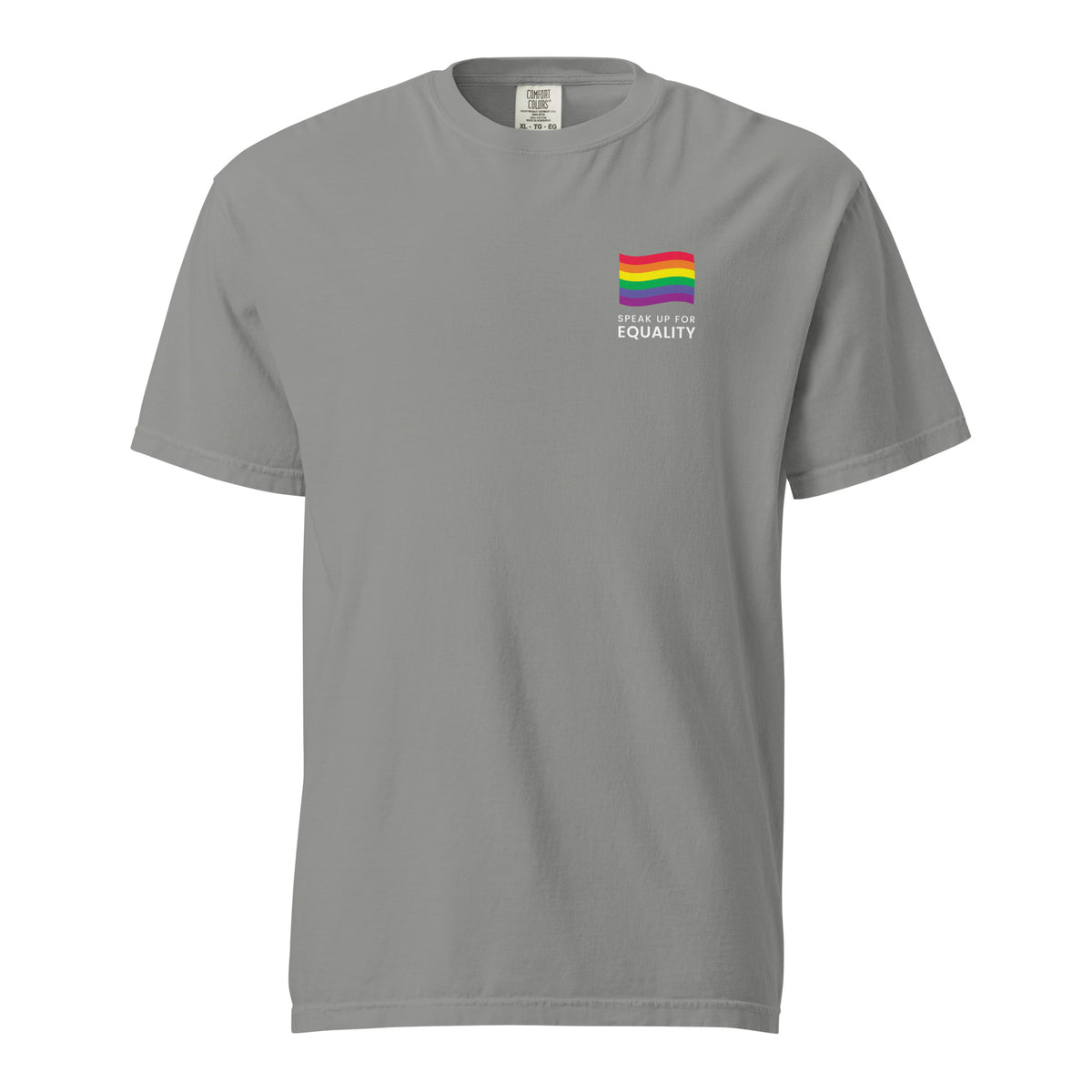 Grey T-shirt with a rainbow flag and equality message, front view.