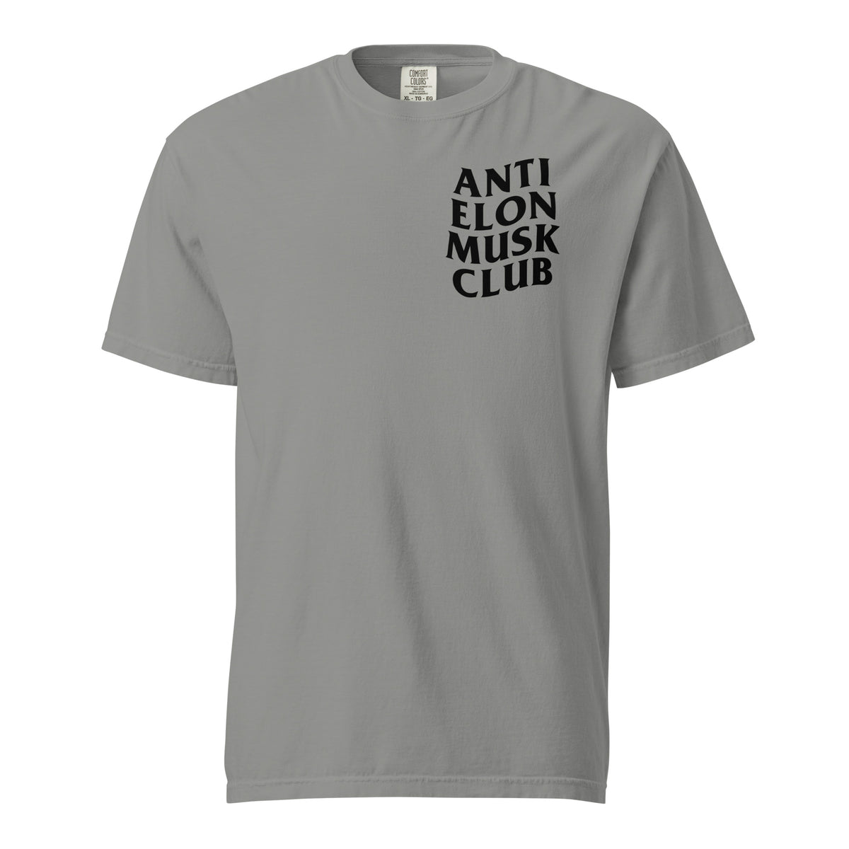 Grey T-shirt, front view with small black "Anti Elon Musk Club" chest lettering.