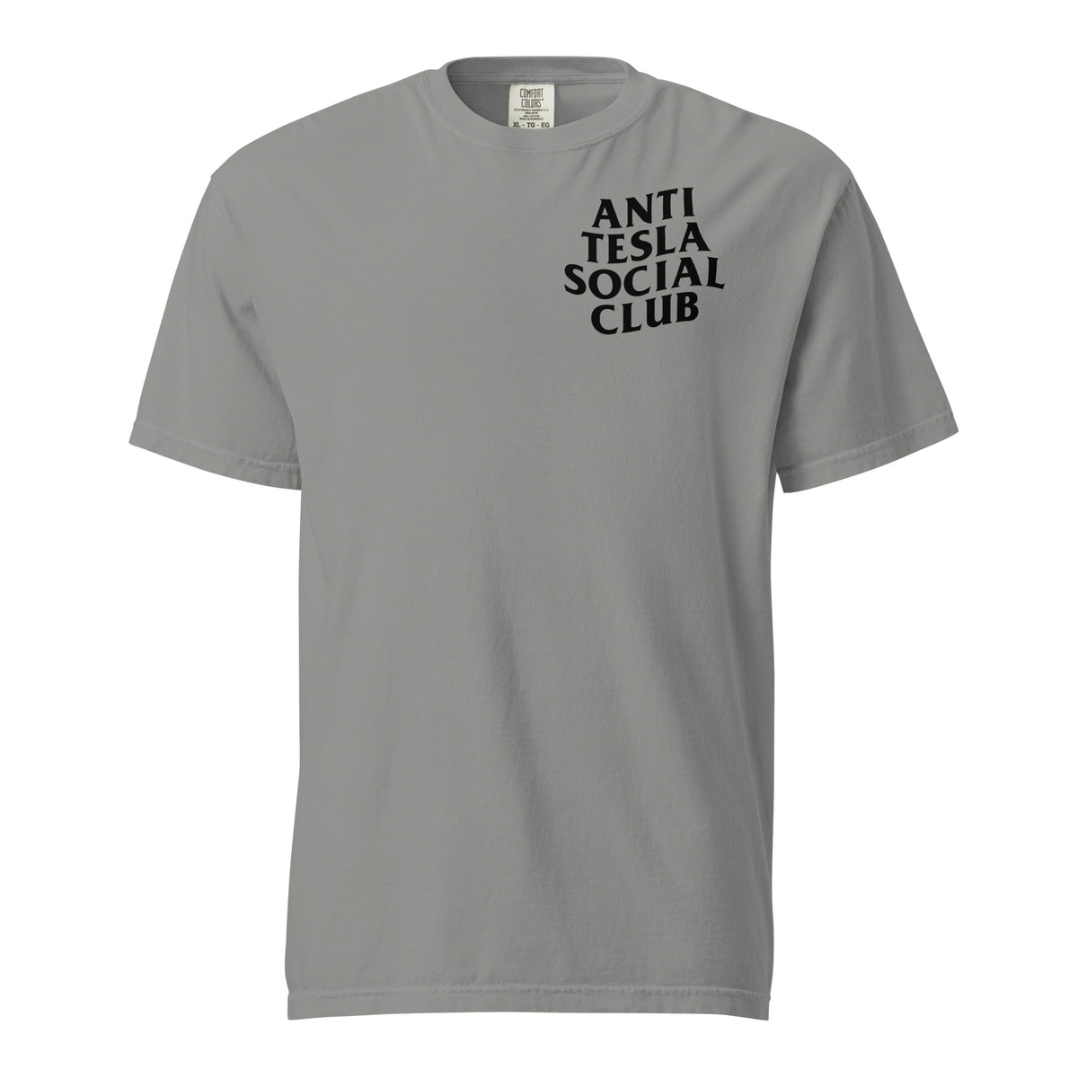 Grey T-shirt with black Anti Tesla Social Club lettering, front view with small chest lettering.