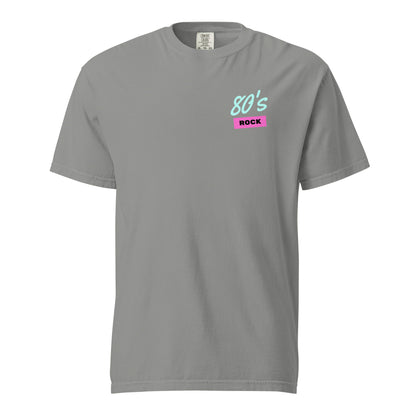 Grey T-shirt, front view, with small mint '80s' lettering above a pink 'ROCK' label on the chest.
