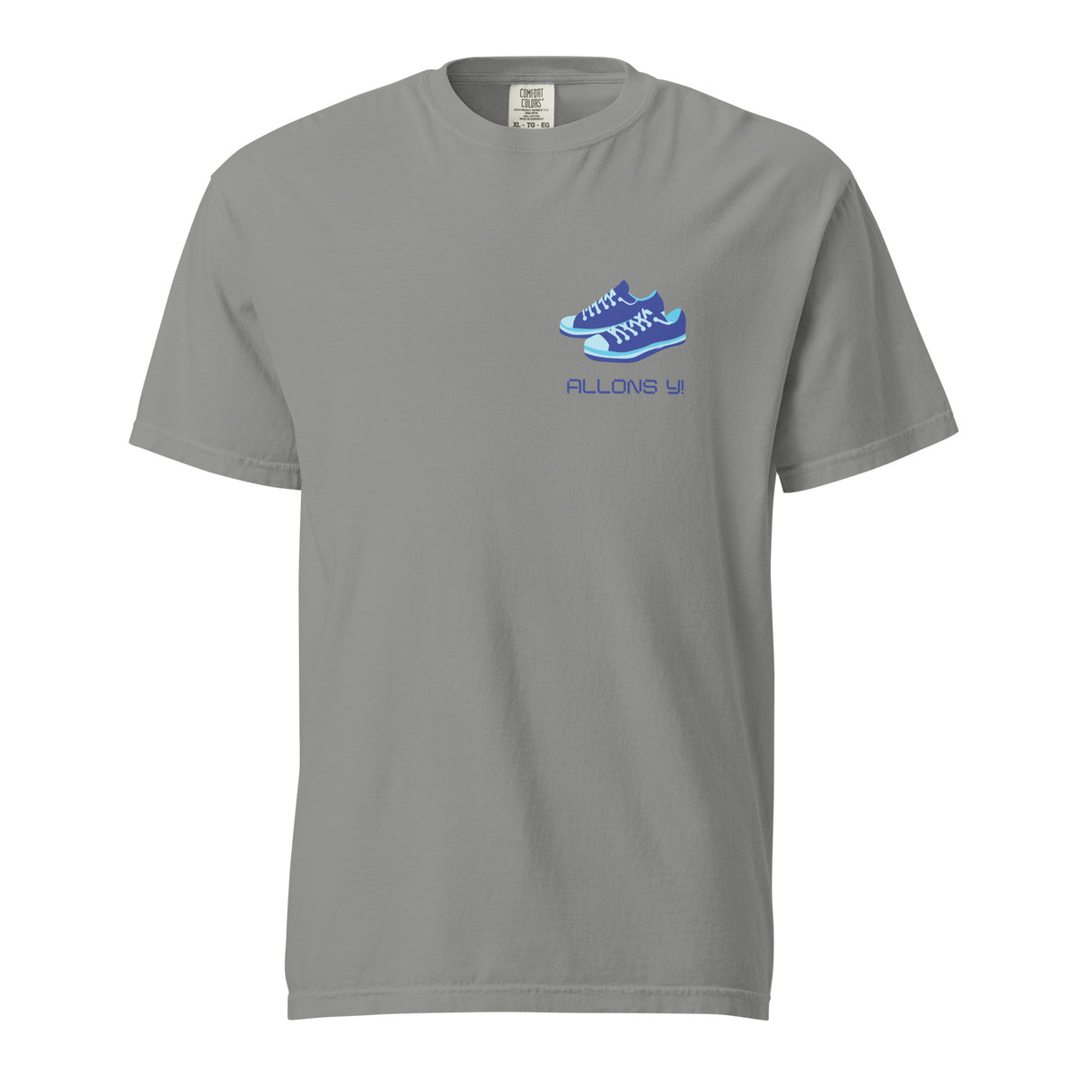 Grey T-shirt, front view with blue sneakers and "Allons Y" chest lettering.