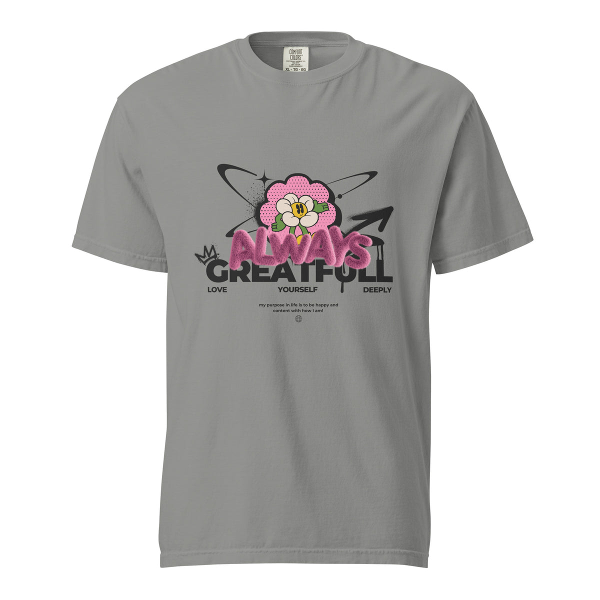 Grey T-shirt with a pink flower and Always Grateful lettering, front view.