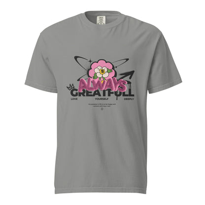 Grey T-shirt with a pink flower and Always Grateful lettering, front view.