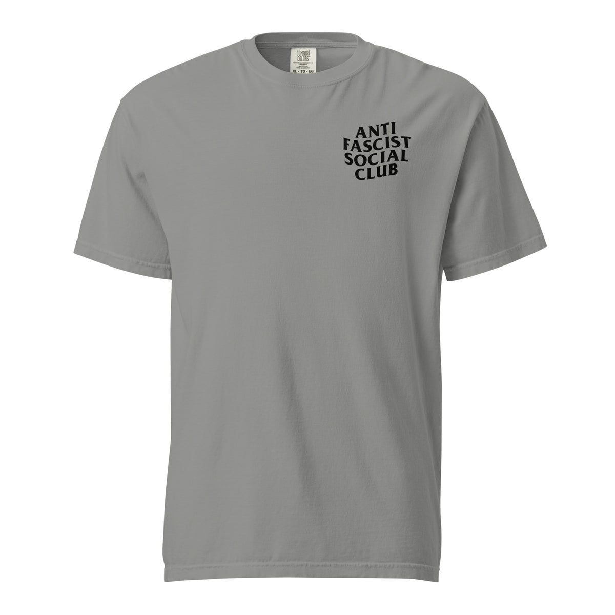 Grey T-shirt, front view with small black "Anti Fascist Social Club" chest lettering.
