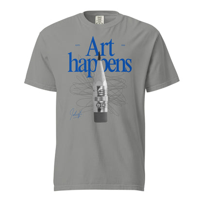 Grey T-shirt with blue Art Happens text and pencil graphic, front view.