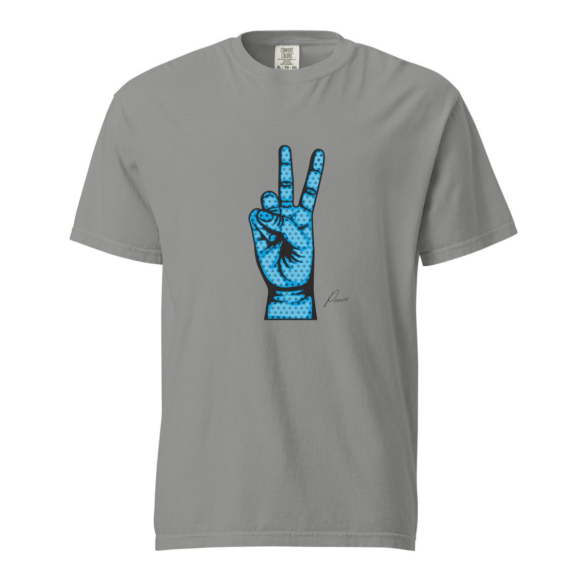 Grey T-shirt, front view, with an illustrated blue hand making a peace sign.
