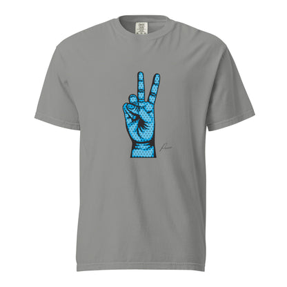 Grey T-shirt, front view, with an illustrated blue hand making a peace sign.