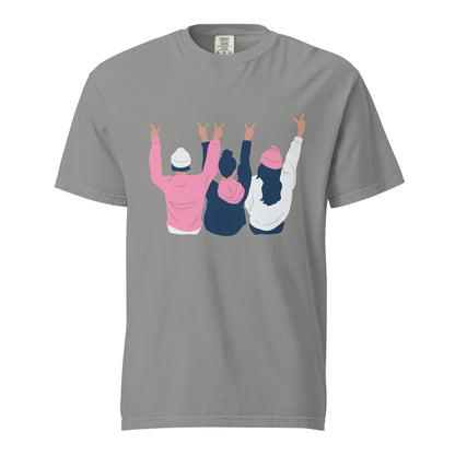 Grey T-shirt, front view with an illustration of three figures raising peace signs.