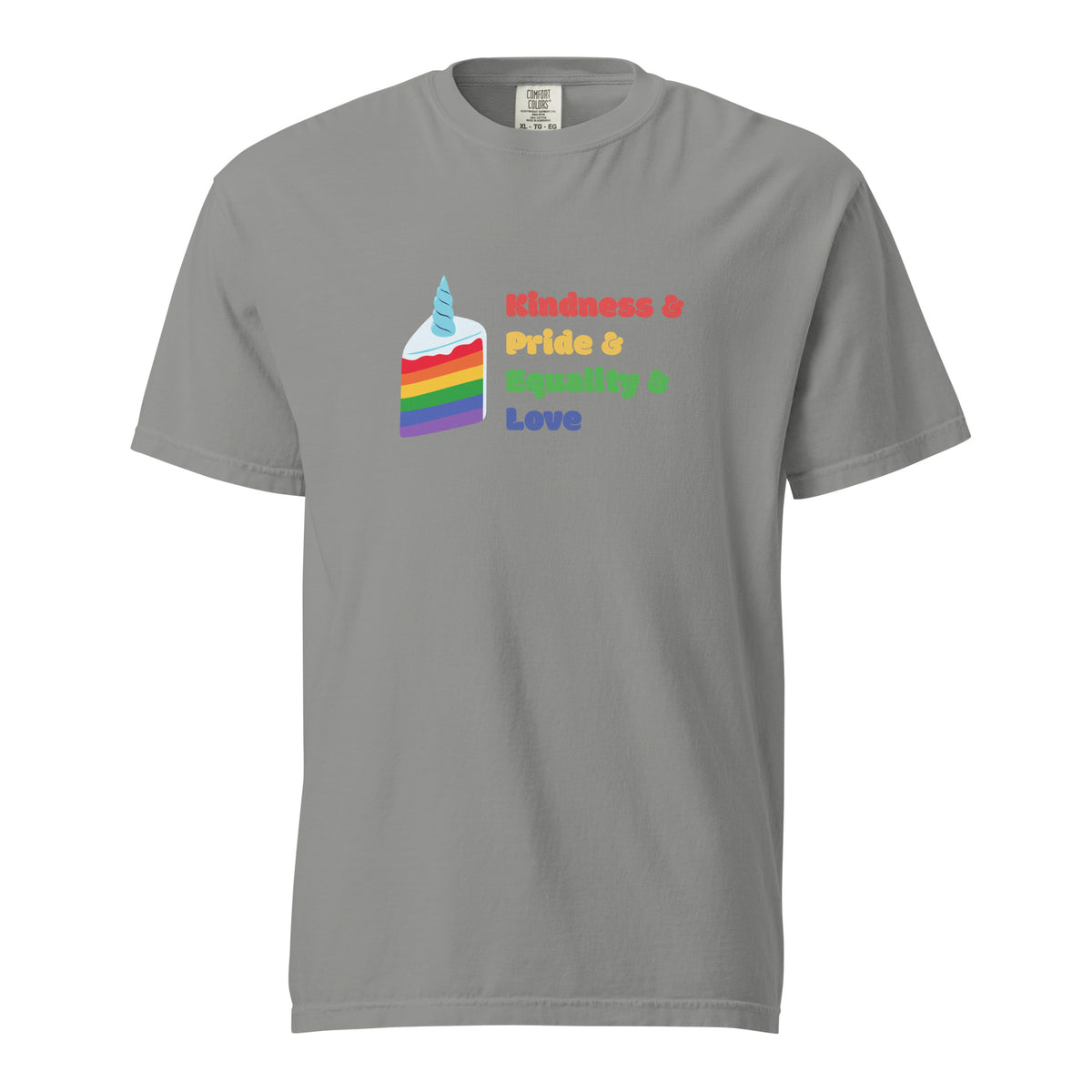 Grey T-shirt with a rainbow graphic and Kindness, Pride, Equality and Love text, front view.