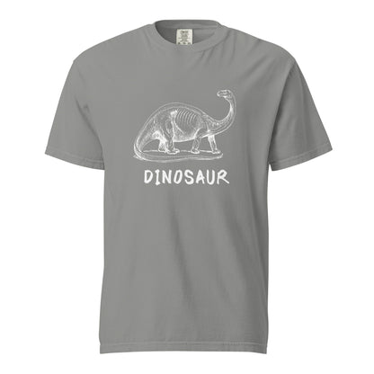Grey T-shirt with a white dinosaur illustration and Dinosaur lettering, front view.