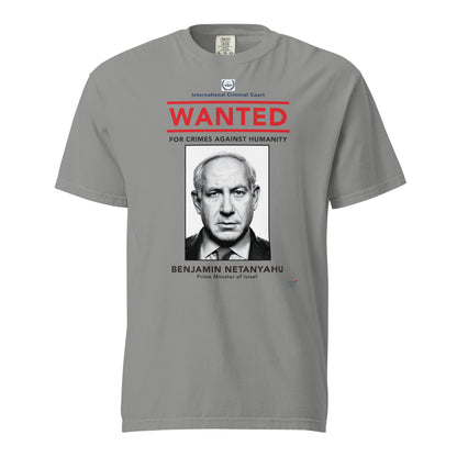Grey T-shirt, front view, with a wanted-poster design with a monochrome portrait and red 'WANTED' text.