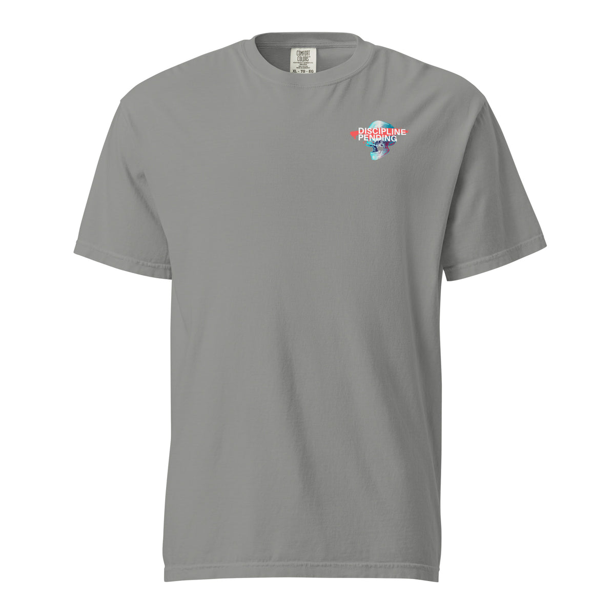 Grey T-shirt with a small blue skull graphic with red bar, front view.