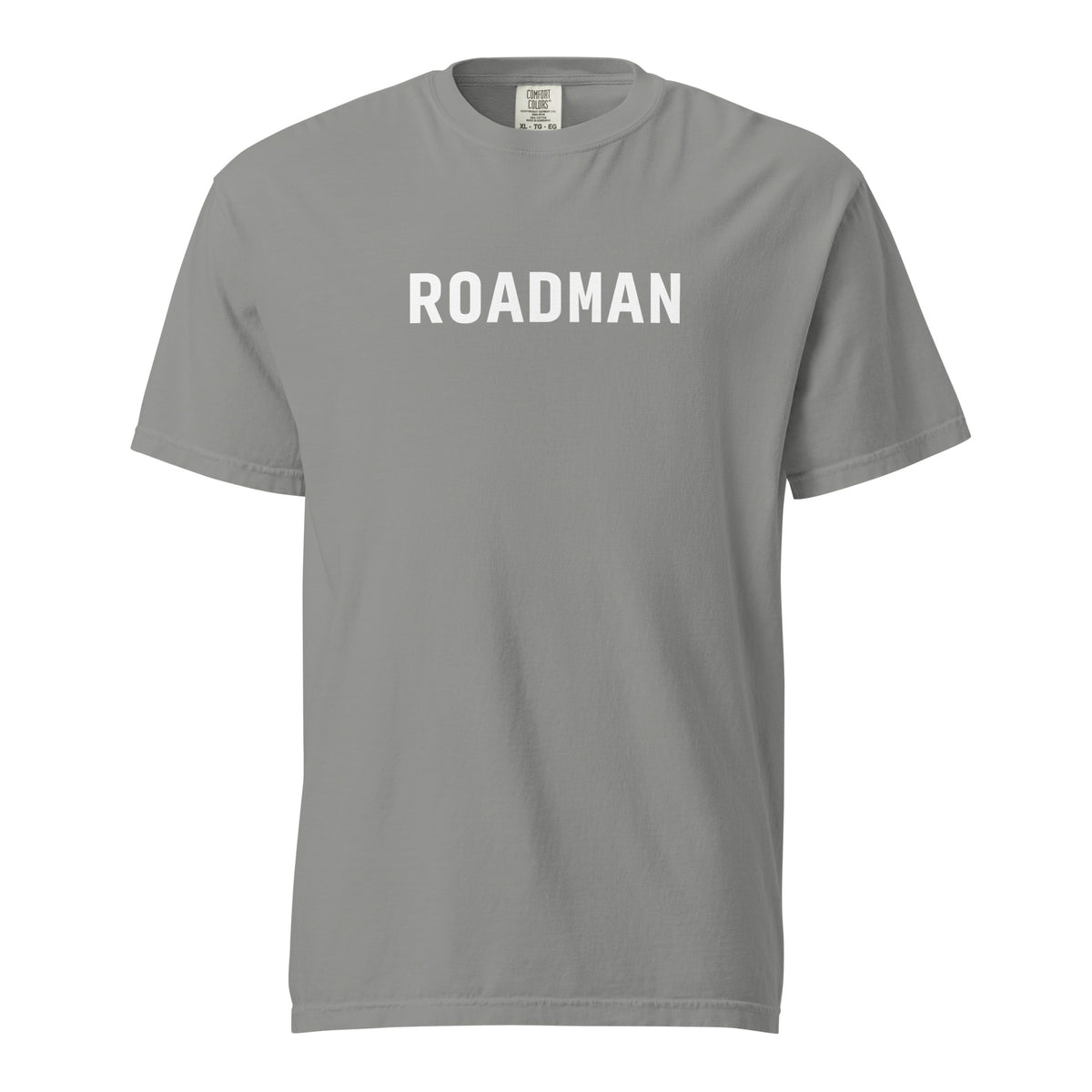 Grey T-shirt, front view, with white 'ROADMAN' lettering.