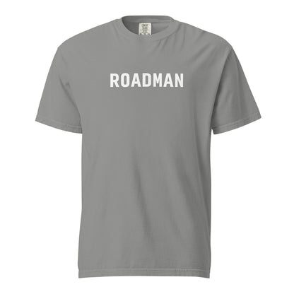 Grey T-shirt, front view, with white 'ROADMAN' lettering.
