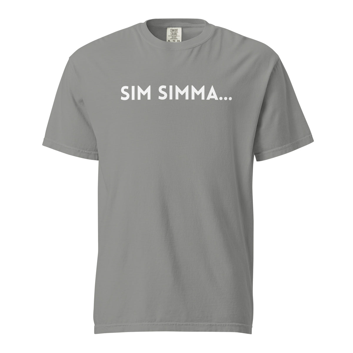 Grey T-shirt, front view with white "SIM SIMMA..." lettering.