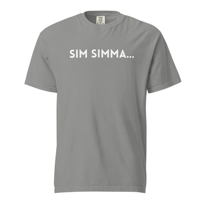 Grey T-shirt, front view with white "SIM SIMMA..." lettering.