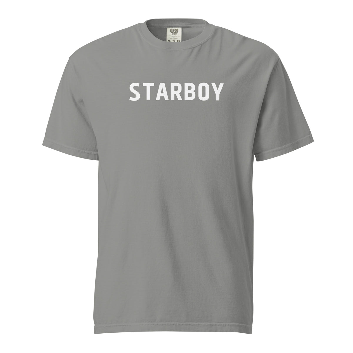 Grey T-shirt, front view with white "STARBOY" lettering.