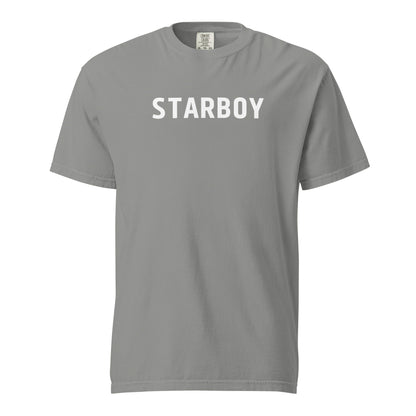 Grey T-shirt, front view with white "STARBOY" lettering.