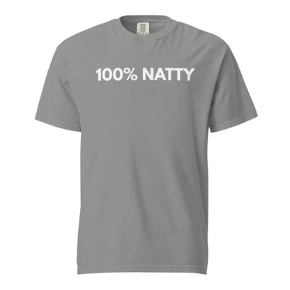 Grey T-shirt, front view, with white '100% NATTY' lettering.