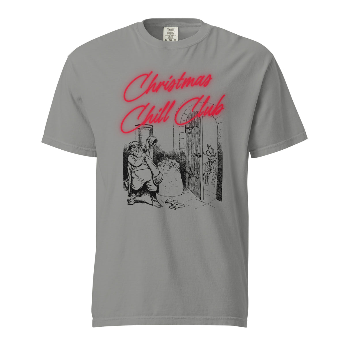 Grey T-shirt, front view, with a seated Santa illustration beneath red 'Christmas Chill Club' script.