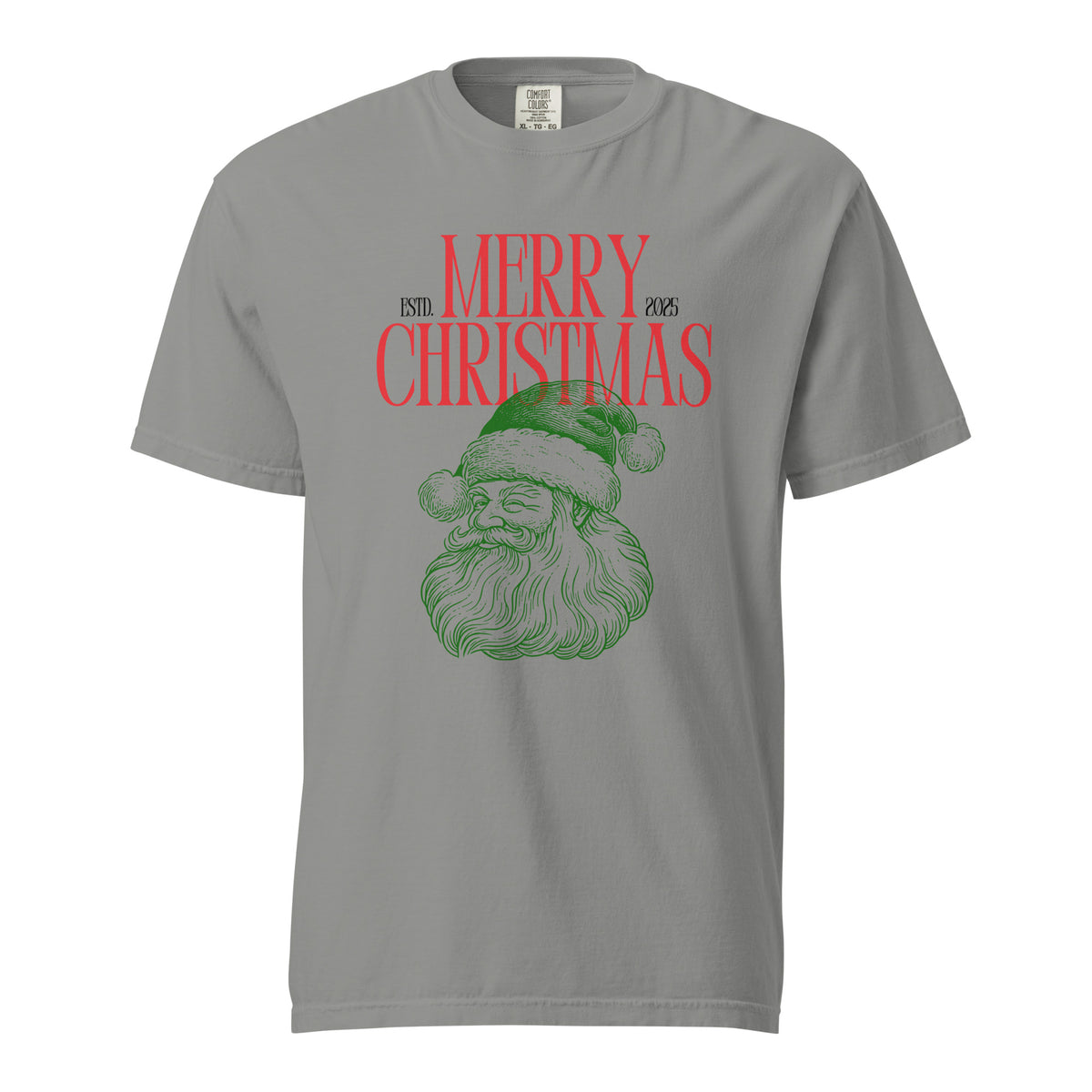 Grey T-shirt, front view with a green Santa face and red "Merry Christmas" lettering.