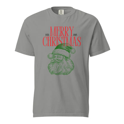 Grey T-shirt, front view with a green Santa face and red "Merry Christmas" lettering.
