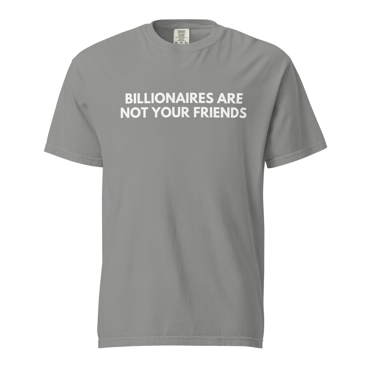 Grey T-shirt, front view, with white 'Billionaires Are Not Your Friends' lettering.