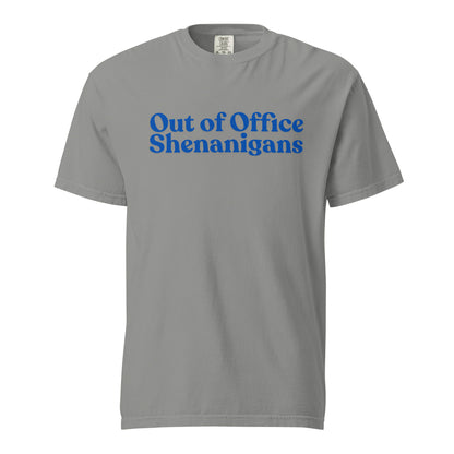 Grey T-shirt, front view, with blue stacked 'Out of Office Shenanigans' lettering.
