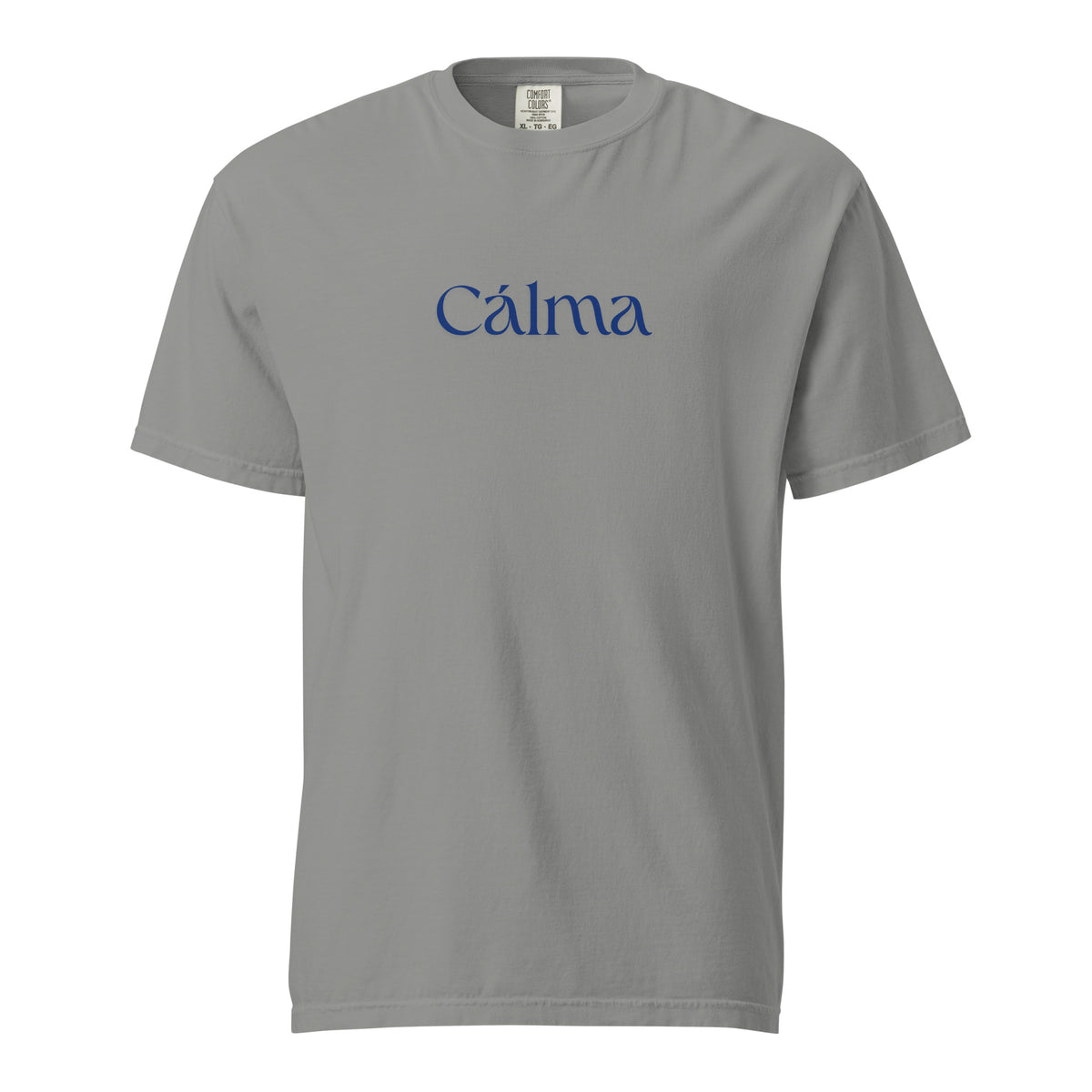 Grey T-shirt, front view, with blue 'Calma' lettering.