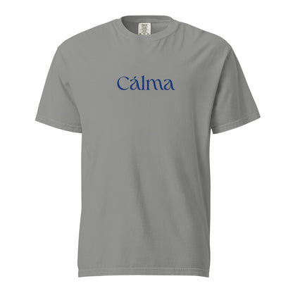 Grey T-shirt, front view, with blue 'Calma' lettering.