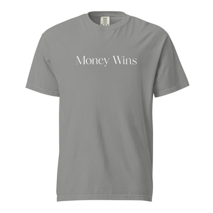 Grey T-shirt, front view, with white 'Money Wins' lettering.