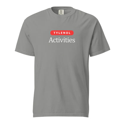 Grey T-shirt, front view, with a red 'Tylenol' label above white 'Activities' lettering.