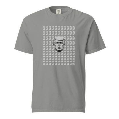 Grey T-shirt, front view with a grayscale Trump portrait surrounded by repeated ME text.