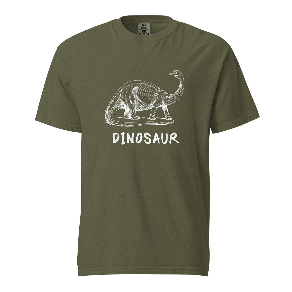 Hemp T-shirt with a white dinosaur illustration and Dinosaur lettering, front view.