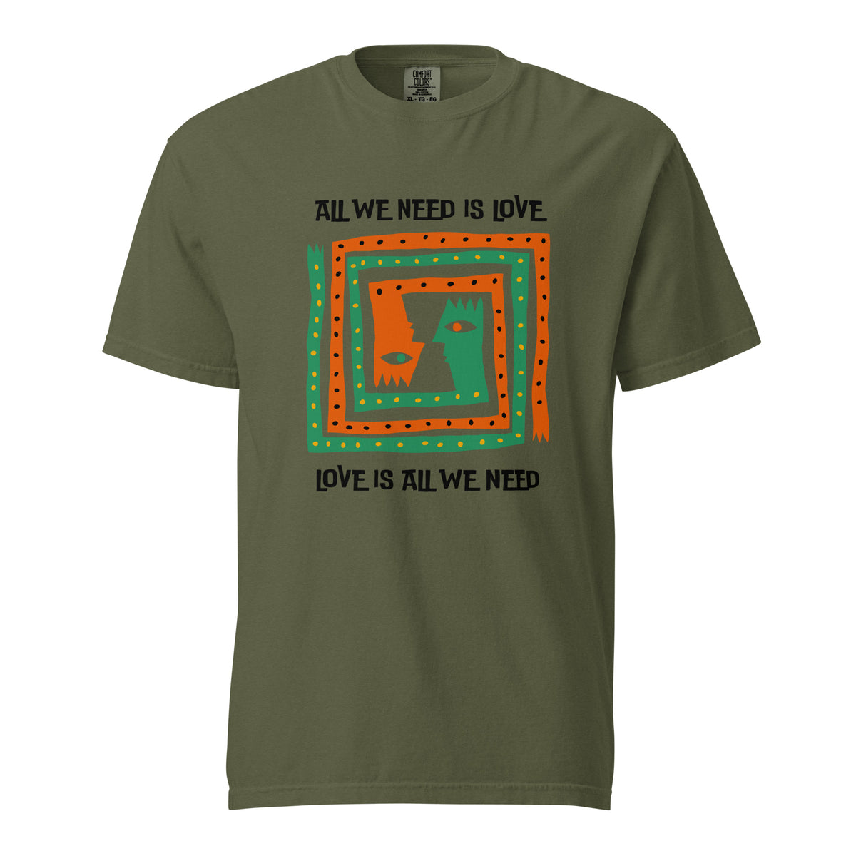 Hemp T-shirt, front view, with orange and green abstract faces framed by 'All We Need Is Love' text.