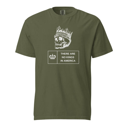 Hemp T-shirt, front view, with a white crowned skull above 'There Are No Kings In America' text.