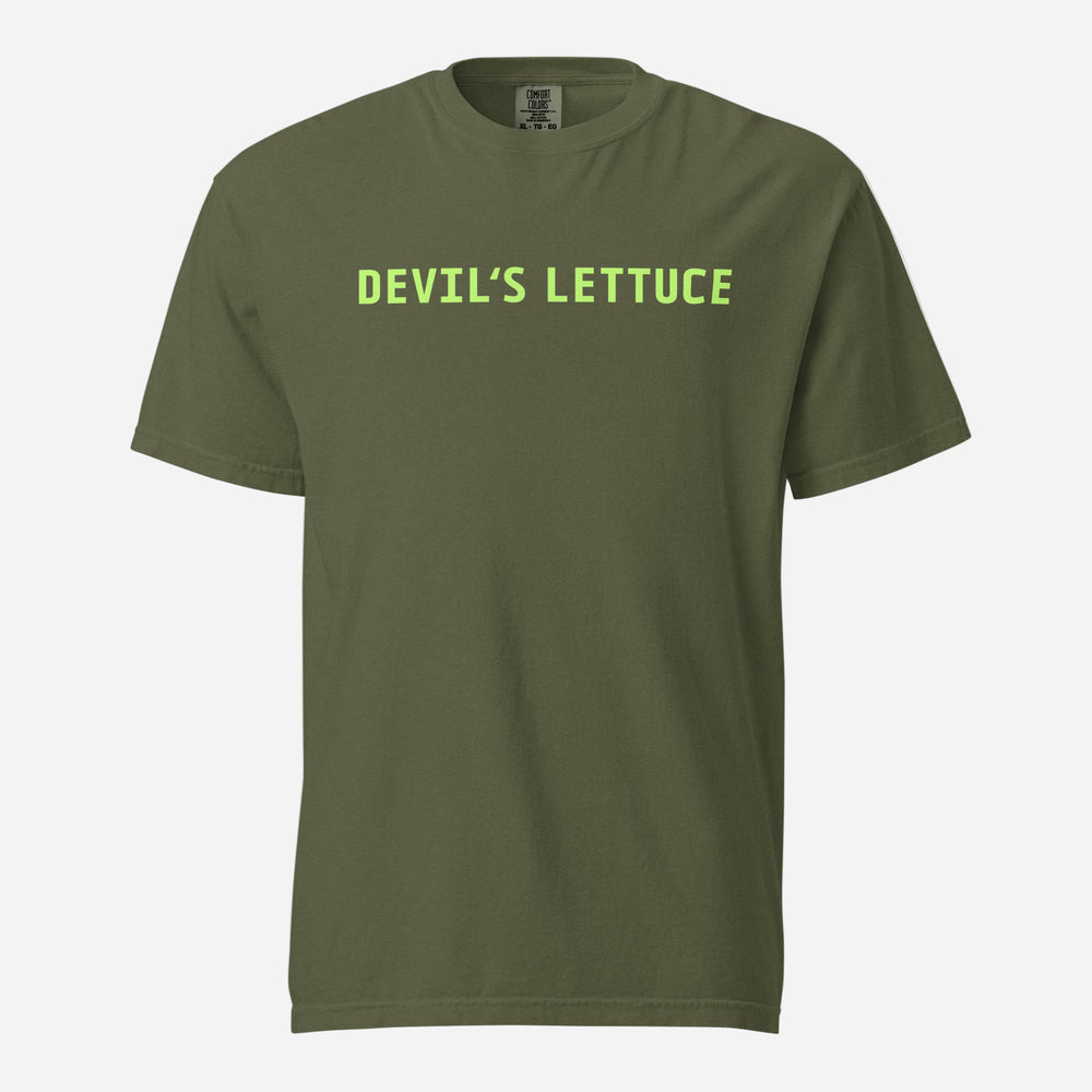 Hemp T-shirt, front view with bright green "Devilâ€™s Lettuce" lettering.