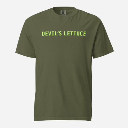 Hemp T-shirt, front view with bright green "Devilâ€™s Lettuce" lettering.